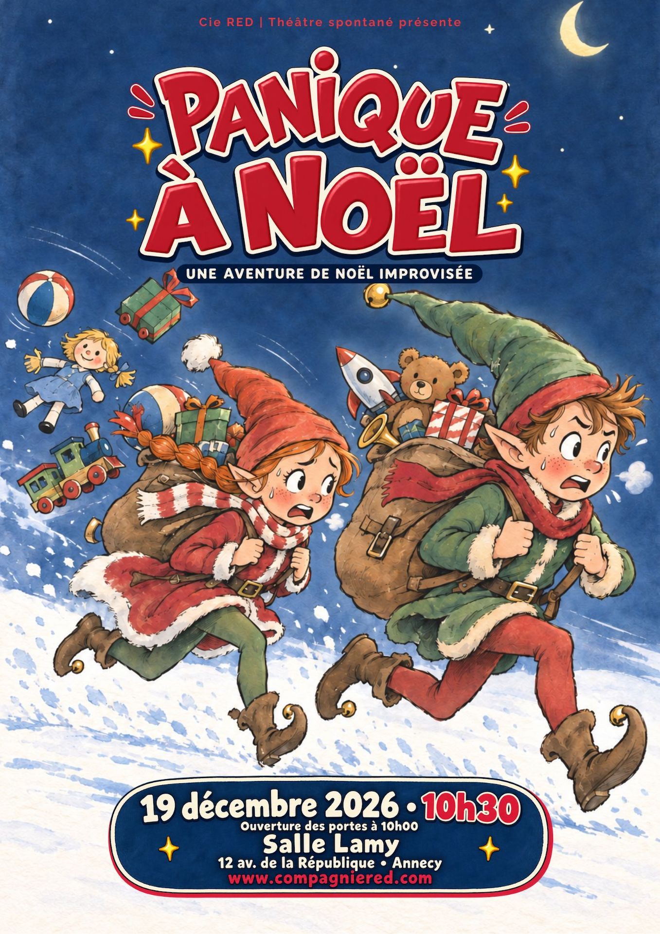 Affiche de Panique à Noël, spectacle improvisé pour enfants le 19 décembre 2026 à Annecy